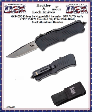 HK Knives by Hogue HK54050 Hogue Mini Incursion OTF Automatic 3" Plain Stonewashed Clip Point Blade Black Aluminum Handled Knife & Pouch HK Knives by Hogue HK54050 Hogue Mini Incursion OTF Automatic 3" Plain Stonewashed Clip Point Blade Black Aluminum Handled Knife & Pouch