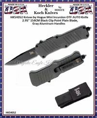 HK Knives by Hogue HK54052 Hogue Mini Incursion OTF Automatic 3" 154CM Black Clip Point Plain Blade, Gray Aluminum Handled Knife & Pouch HK Knives by Hogue HK54052 Hogue Mini Incursion OTF Automatic 3" 154CM Black Clip Point Plain Blade, Gray Aluminum Handled Knife & Pouch