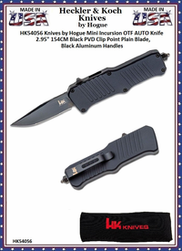 HK Knives by Hogue HK54056 Hogue Mini Incursion OTF Automatic 3" Black 154CM Clip Point Plain Blade, Black Aluminum Handled Knife & Pouch HK Knives by Hogue HK54056 Hogue Mini Incursion OTF Automatic 3" Black 154CM Clip Point Plain Blade, Black Aluminum Handled Knife & Pouch