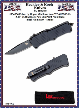 HK Knives by Hogue HK54056 Hogue Mini Incursion OTF Automatic 3" Black 154CM Clip Point Plain Blade, Black Aluminum Handled Knife & Pouch HK Knives by Hogue HK54056 Hogue Mini Incursion OTF Automatic 3" Black 154CM Clip Point Plain Blade, Black Aluminum Handled Knife & Pouch