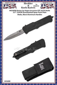 HK Knives by Hogue HK54090 HK Incursion OTF AUTO Knife 3.9" 154CM Stonewashed Spear Point Blade, Black Aluminum Handles  