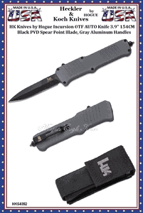 HK Knives by Hogue HK54092 HK Incursion OTF AUTO Knife 3.9" 154CM Black PVD Spear Point Blade, Gray Aluminum Handles 