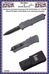 HK Knives by Hogue HK54092 HK Incursion OTF AUTO Knife 3.9" 154CM Black PVD Spear Point Blade, Gray Aluminum Handles HK Knives by Hogue HK54092 HK Incursion OTF AUTO Knife 3.9" 154CM Black PVD Spear Point Blade, Gray Aluminum Handles