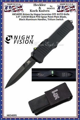 HK Knives by Hogue HK54095 HK Incursion OTF Auto 3.9" Bayonet Blade Black PVD Finish Matte Black Aluminum Frame Tritium Infused Trigger HK Knives by Hogue HK54095 HK Incursion OTF Auto 3.9" Bayonet Blade Black PVD Finish Matte Black Aluminum Frame Tritium Infused Trigger