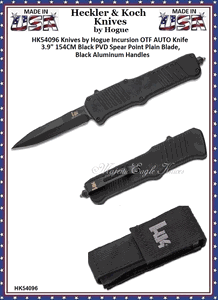HK Knives by Hogue HK54096 HK Incursion OTF AUTO Knife 3.9" 154CM Black PVD Spear Point Blade, Black Aluminum Handles 