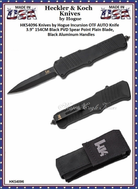 HK Knives by Hogue HK54096 HK Incursion OTF AUTO Knife 3.9" 154CM Black PVD Spear Point Blade, Black Aluminum Handles HK Knives by Hogue HK54096 HK Incursion OTF AUTO Knife 3.9" 154CM Black PVD Spear Point Blade, Black Aluminum Handles