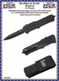 HK Knives by Hogue HK54096 HK Incursion OTF AUTO Knife 3.9" 154CM Black PVD Spear Point Blade, Black Aluminum Handles HK Knives by Hogue HK54096 HK Incursion OTF AUTO Knife 3.9" 154CM Black PVD Spear Point Blade, Black Aluminum Handles