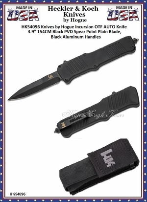 HK Knives by Hogue HK54096 HK Incursion OTF AUTO Knife 3.9" 154CM Black PVD Spear Point Blade, Black Aluminum Handles 