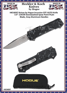 HK Knives by Hogue HK54097 HK Incursion OTF AUTO Knife 3.9" 154CM Stonewashed Spear Point Blade, Gray Aluminum Handles