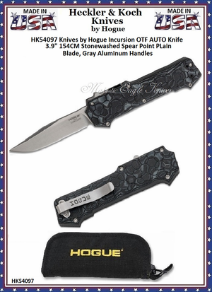 HK Knives by Hogue HK54097 HK Incursion OTF AUTO Knife 3.9" 154CM Stonewashed Spear Point Blade, Gray Aluminum Handles