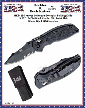 HK Knives by Hogue HK54150 HK Exemplar Folding Knife 3.25" 154CM Black Combo Clip Point Blade, Black G10 Handles 