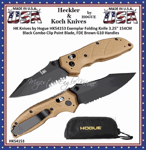 HK Knives by Hogue HK54153 Exemplar Folding Knife 3.25" 154CM Black Combo Clip Point Blade, FDE Brown G10 Handles
