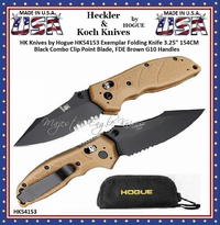 HK Knives by Hogue HK54153 Exemplar Folding Knife 3.25" 154CM Black Combo Clip Point Blade, FDE Brown G10 Handles HK Knives by Hogue HK54153 Exemplar Folding Knife 3.25" 154CM Black Combo Clip Point Blade, FDE Brown G10 Handles