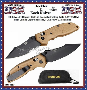 HK Knives by Hogue HK54153 Exemplar Folding Knife 3.25" 154CM Black Combo Clip Point Blade, FDE Brown G10 Handles HK Knives by Hogue HK54153 Exemplar Folding Knife 3.25" 154CM Black Combo Clip Point Blade, FDE Brown G10 Handles