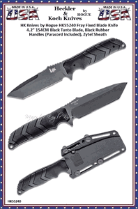 HK Knives by Hogue HK55240 Fray Fixed Blade Knife 4.2" 154CM Black Tanto Blade, Black Rubber Handles (Paracord Included), Zytel Sheath 