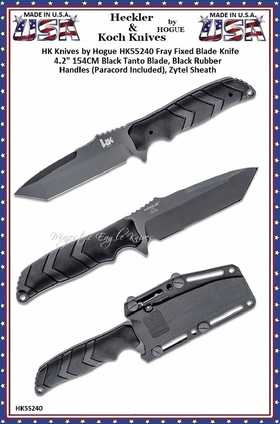 HK Knives by Hogue HK55240 Fray Fixed Blade Knife 4.2" 154CM Black Tanto Blade, Black Rubber Handles (Paracord Included), Zytel Sheath HK Knives by Hogue HK55240 Fray Fixed Blade Knife 4.2" 154CM Black Tanto Blade, Black Rubber Handles (Paracord Included), Zytel Sheath