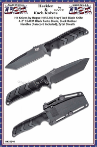 HK Knives by Hogue HK55240 Fray Fixed Blade Knife 4.2" 154CM Black Tanto Blade, Black Rubber Handles (Paracord Included), Zytel Sheath HK Knives by Hogue HK55240 Fray Fixed Blade Knife 4.2" 154CM Black Tanto Blade, Black Rubber Handles (Paracord Included), Zytel Sheath