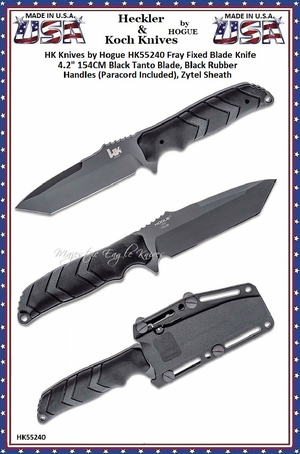 HK Knives by Hogue HK55240 Fray Fixed Blade Knife 4.2" 154CM Black Tanto Blade, Black Rubber Handles (Paracord Included), Zytel Sheath HK Knives by Hogue HK55240 Fray Fixed Blade Knife 4.2" 154CM Black Tanto Blade, Black Rubber Handles (Paracord Included), Zytel Sheath