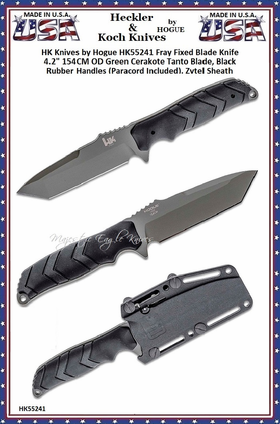 HK Knives by Hogue HK55241 Fray Fixed Blade Knife 4.2" 154CM OD Green Cerakote Tanto Blade, Black Rubber Handles (Paracord Included), Zytel Sheath 