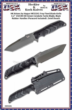 HK Knives by Hogue HK55241 Fray Fixed Blade Knife 4.2" 154CM OD Green Cerakote Tanto Blade, Black Rubber Handles (Paracord Included), Zytel Sheath HK Knives by Hogue HK55241 Fray Fixed Blade Knife 4.2" 154CM OD Green Cerakote Tanto Blade, Black Rubber Handles (Paracord Included), Zytel Sheath