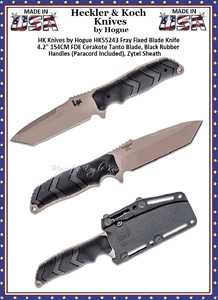 HK Knives by Hogue HK55243 Fray Fixed Blade Knife 4.2" 154CM FDE Cerakote Tanto Blade, Black Rubber Handles (Paracord Included), Zytel Sheath 