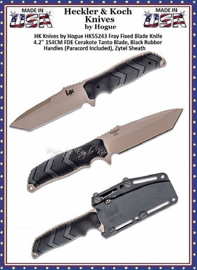 HK Knives by Hogue HK55243 Fray Fixed Blade Knife 4.2" 154CM FDE Cerakote Tanto Blade, Black Rubber Handles (Paracord Included), Zytel Sheath HK Knives by Hogue HK55243 Fray Fixed Blade Knife 4.2" 154CM FDE Cerakote Tanto Blade, Black Rubber Handles (Paracord Included), Zytel Sheath