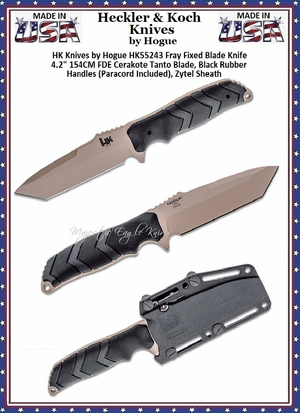 HK Knives by Hogue HK55243 Fray Fixed Blade Knife 4.2" 154CM FDE Cerakote Tanto Blade, Black Rubber Handles (Paracord Included), Zytel Sheath 