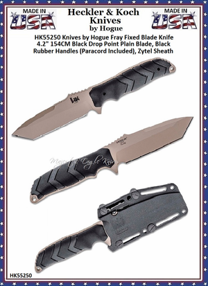 HK Knives by Hogue HK55250 Fray Fixed Blade Knife 4.2" 154CM Black Drop Point Blade, Black Rubber Handles (Paracord Included), Zytel Sheath HK Knives by Hogue HK55250 Fray Fixed Blade Knife 4.2" 154CM Black Drop Point Blade, Black Rubber Handles (Paracord Included), Zytel Sheath