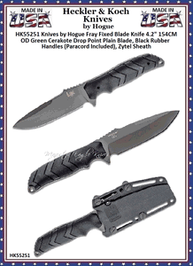 HK Knives by Hogue HK55251 Fray Fixed Blade Knife 4.2" 154CM OD Green Cerakote Drop Point Blade, Black Rubber Handles (Paracord Included), Zytel Sheath 