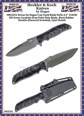 HK Knives by Hogue HK55251 Fray Fixed Blade Knife 4.2" 154CM OD Green Cerakote Drop Point Blade, Black Rubber Handles (Paracord Included), Zytel Sheath 