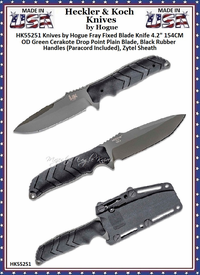 HK Knives by Hogue HK55251 Fray Fixed Blade Knife 4.2" 154CM OD Green Cerakote Drop Point Blade, Black Rubber Handles (Paracord Included), Zytel Sheath HK Knives by Hogue HK55251 Fray Fixed Blade Knife 4.2" 154CM OD Green Cerakote Drop Point Blade, Black Rubber Handles (Paracord Included), Zytel Sheath