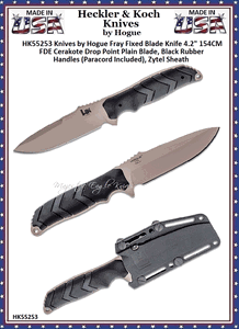 HK Knives by Hogue HK55253 Fray Fixed Blade Knife 4.2" 154CM FDE Cerakote Drop Point Blade, Black Rubber Handles (Paracord Included), Zytel Sheath  