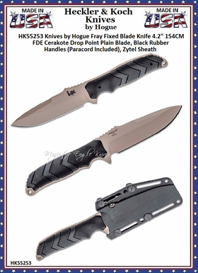 HK Knives by Hogue HK55253 Fray Fixed Blade Knife 4.2" 154CM FDE Cerakote Drop Point Blade, Black Rubber Handles (Paracord Included), Zytel Sheath HK Knives by Hogue HK55253 Fray Fixed Blade Knife 4.2" 154CM FDE Cerakote Drop Point Blade, Black Rubber Handles (Paracord Included), Zytel Sheath