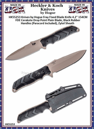 HK Knives by Hogue HK55253 Fray Fixed Blade Knife 4.2" 154CM FDE Cerakote Drop Point Blade, Black Rubber Handles (Paracord Included), Zytel Sheath HK Knives by Hogue HK55253 Fray Fixed Blade Knife 4.2" 154CM FDE Cerakote Drop Point Blade, Black Rubber Handles (Paracord Included), Zytel Sheath