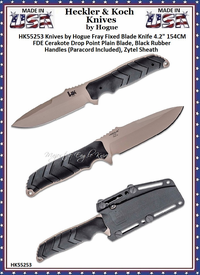 HK Knives by Hogue HK55253 Fray Fixed Blade Knife 4.2" 154CM FDE Cerakote Drop Point Blade, Black Rubber Handles (Paracord Included), Zytel Sheath HK Knives by Hogue HK55253 Fray Fixed Blade Knife 4.2" 154CM FDE Cerakote Drop Point Blade, Black Rubber Handles (Paracord Included), Zytel Sheath