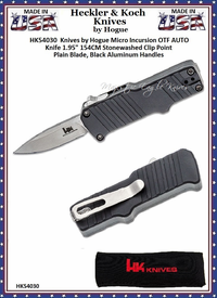HK Knives by HogueHK54030 Micro Incursion OTF AUTO Knife 1.95" 154CM Stonewashed Clip Point Plain Blade, Black Aluminum Handles HK Knives by HogueHK54030 Micro Incursion OTF AUTO Knife 1.95" 154CM Stonewashed Clip Point Plain Blade, Black Aluminum Handles