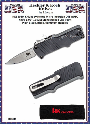 HK Knives by HogueHK54030 Micro Incursion OTF AUTO Knife 1.95" 154CM Stonewashed Clip Point Plain Blade, Black Aluminum Handles HK Knives by HogueHK54030 Micro Incursion OTF AUTO Knife 1.95" 154CM Stonewashed Clip Point Plain Blade, Black Aluminum Handles