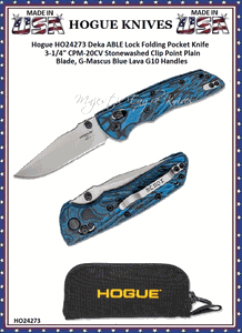 HO Knives by Hogue HO24273 Deka ABLE Lock Folding Knife 3.25" CPM-20CV Stonewashed Clip Point Blade, G-Mascus Blue Lava G10 Handles