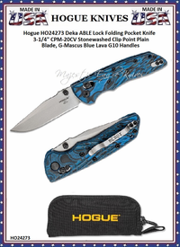 HO Knives by Hogue HO24273 Deka ABLE Lock Folding Knife 3.25" CPM-20CV Stonewashed Clip Point Blade, G-Mascus Blue Lava G10 Handles HO Knives by Hogue HO24273 Deka ABLE Lock Folding Knife 3.25" CPM-20CV Stonewashed Clip Point Blade, G-Mascus Blue Lava G10 Handles