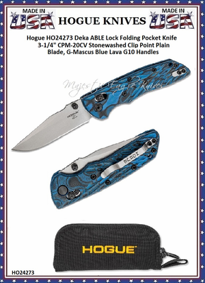 HO Knives by Hogue HO24273 Deka ABLE Lock Folding Knife 3.25" CPM-20CV Stonewashed Clip Point Blade, G-Mascus Blue Lava G10 Handles