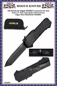 HO Knives by Hogue HO34021 Compound OTF Auto Knife 3.5" Plain Tanto Blade Tritium Infused Trigger Black Aluminum Handles 