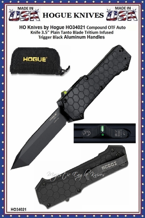 HO Knives by Hogue HO34021 Compound OTF Auto Knife 3.5" Plain Tanto Blade Tritium Infused Trigger Black Aluminum Handles HO Knives by Hogue HO34021 Compound OTF Auto Knife 3.5" Plain Tanto Blade Tritium Infused Trigger Black Aluminum Handles