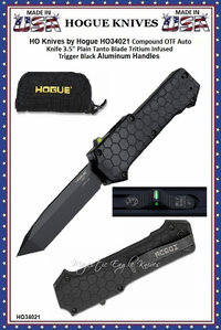 HO Knives by Hogue HO34021 Compound OTF Auto Knife 3.5" Plain Tanto Blade Tritium Infused Trigger Black Aluminum Handles HO Knives by Hogue HO34021 Compound OTF Auto Knife 3.5" Plain Tanto Blade Tritium Infused Trigger Black Aluminum Handles