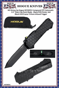 HO Knives by Hogue HO34031 Compound OTF Automatic 3.5" Plain Clip Point Blade - Black PVD Finish, Solid Black G10 Frame Tritium Infused Trigger