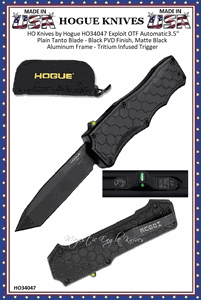 HO Knives by Hogue HO34047 Exploit OTF Automatic: 3.5" Plain Tanto Blade - Black PVD Finish, Matte Black Aluminum Frame - Tritium Infused Trigger