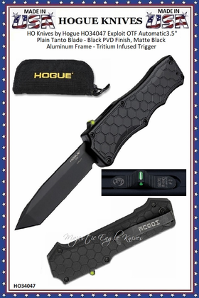 HO Knives by Hogue HO34047 Exploit OTF Automatic: 3.5" Plain Tanto Blade - Black PVD Finish, Matte Black Aluminum Frame - Tritium Infused Trigger HO Knives by Hogue HO34047 Exploit OTF Automatic: 3.5" Plain Tanto Blade - Black PVD Finish, Matte Black Aluminum Frame - Tritium Infused Trigger