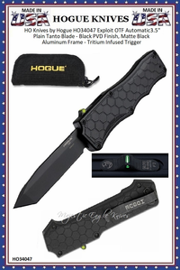 HO Knives by Hogue HO34047 Exploit OTF Automatic: 3.5" Plain Tanto Blade - Black PVD Finish, Matte Black Aluminum Frame - Tritium Infused Trigger HO Knives by Hogue HO34047 Exploit OTF Automatic: 3.5" Plain Tanto Blade - Black PVD Finish, Matte Black Aluminum Frame - Tritium Infused Trigger