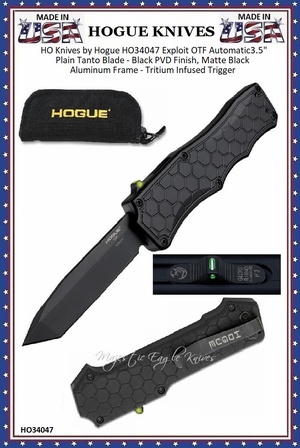 HO Knives by Hogue HO34047 Exploit OTF Automatic: 3.5" Plain Tanto Blade - Black PVD Finish, Matte Black Aluminum Frame - Tritium Infused Trigger