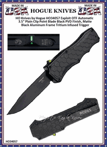 HO Knives by Hogue HO34057 Exploit OTF Automatic: 3.5" Plain Clip Point Blade Black PVD Finish, Matte Black Aluminum Frame Tritium Infused Trigger