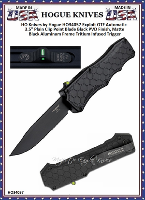 HO Knives by Hogue HO34057 Exploit OTF Automatic: 3.5" Plain Clip Point Blade Black PVD Finish, Matte Black Aluminum Frame Tritium Infused Trigger HO Knives by Hogue HO34057 Exploit OTF Automatic: 3.5" Plain Clip Point Blade Black PVD Finish, Matte Black Aluminum Frame Tritium Infused Trigger